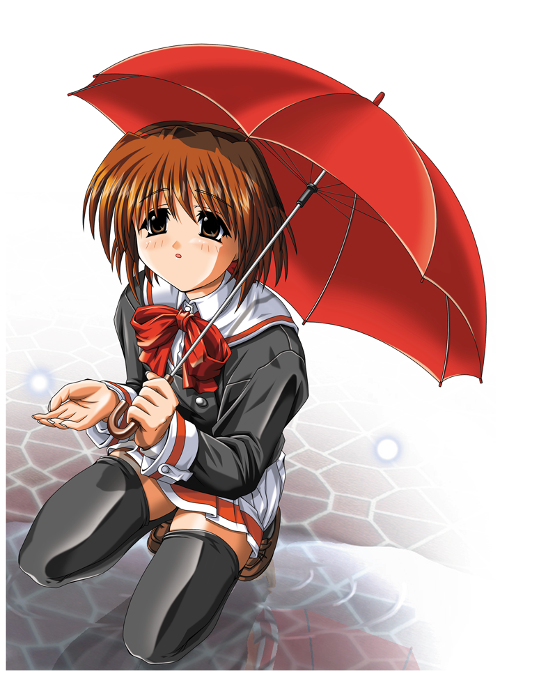 white setsunasa no kakera, brown eyes, brown hair, rain, school uniform, serafuku, solo, thighhighs, umbrella
