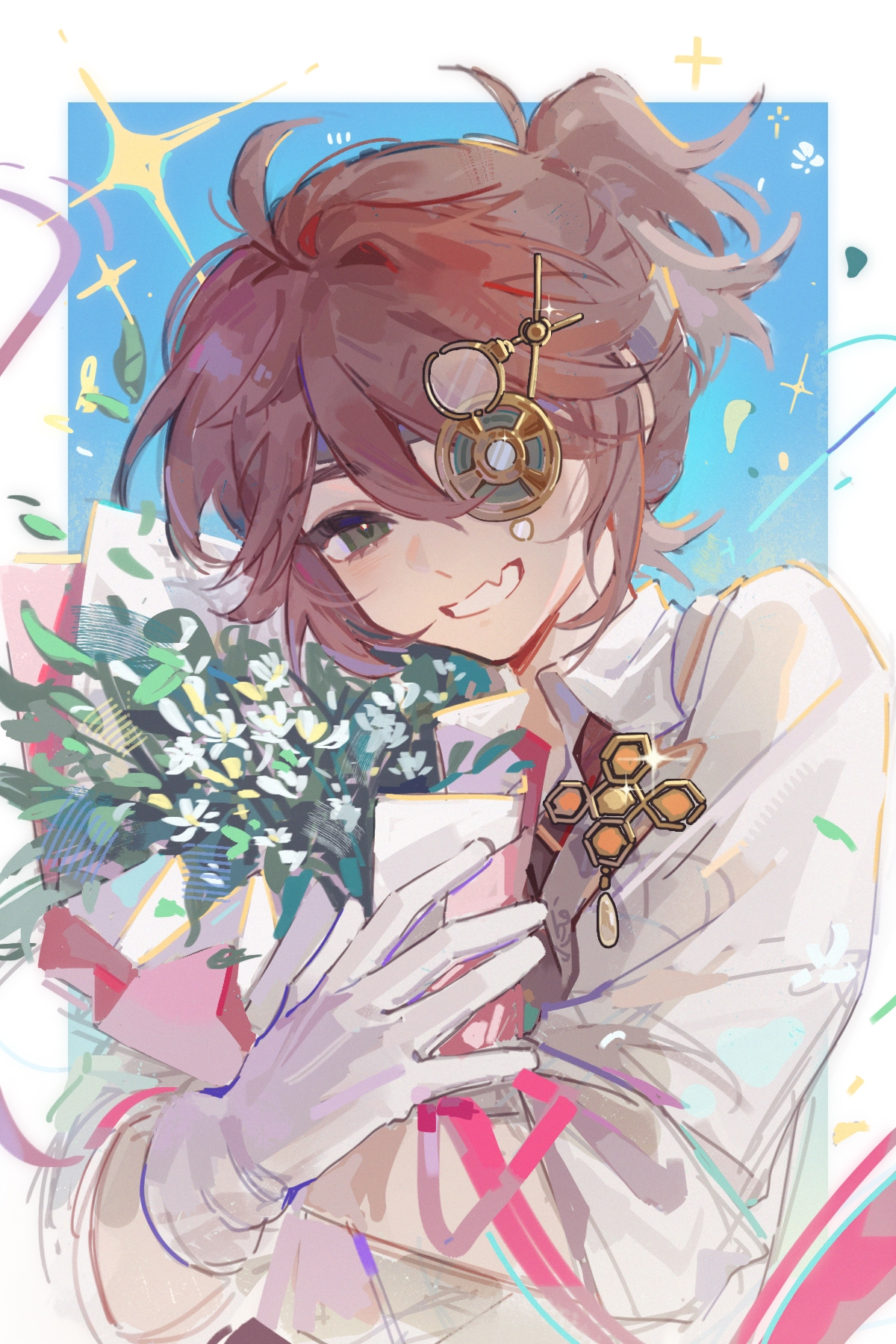 luca balsa, luca balsa (graduation day), identity v, highres, 1boy, ahoge, bouquet, brooch, brown hair, fang, flower, gloves, green eyes, grin, hair between eyes, holding, holding bouquet, jewelry, laji0541, looking at viewer, male focus, one eye covered, petals, ponytail, shirt, short ponytail, smile, sweater, white gloves, white shirt, white sweater
