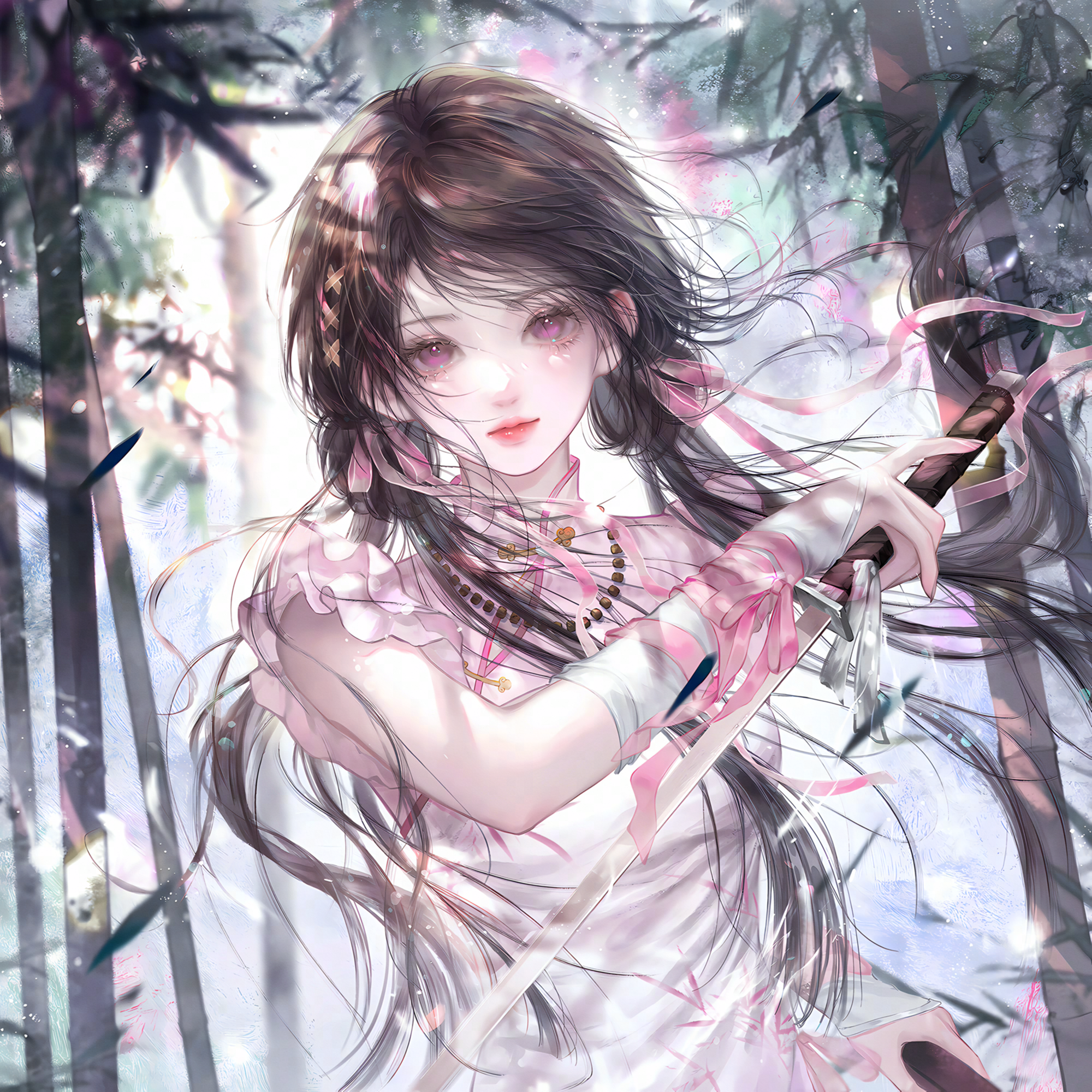 original, highres, 1girl, black hair, brown hair, dress, hair ribbon, holding, holding sword, holding weapon, long hair, looking at viewer, pink eyes, pink ribbon, ribbon, solo, sword, twintails, upper body, weapon, yuxia1