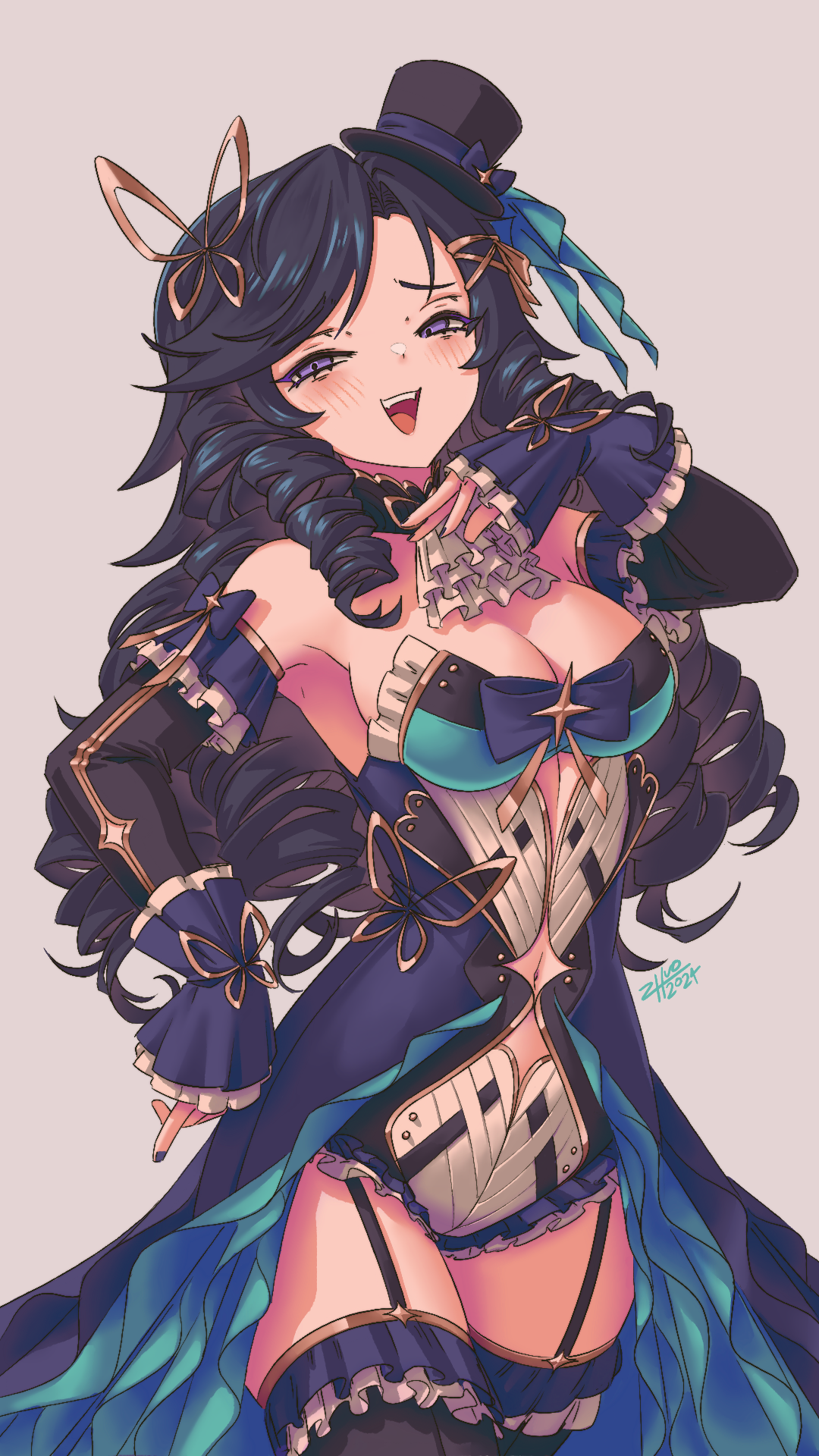 zhvo, character request, clothing request, commentary, copyright request, highres, 1girl, bare shoulders, black hair, black hat, blue nails, blush, breasts, butterfly hair ornament, cleavage, cowboy shot, dated, detached sleeves, drill hair, eyelashes, frills, grey background, hair intakes, hair ornament, hair ribbon, hat, long hair, mini hat, mini top hat, nail polish, navel, open mouth, purple eyes, ribbon, signature, simple background, smile, smug, solo, teeth, top hat, upper teeth only