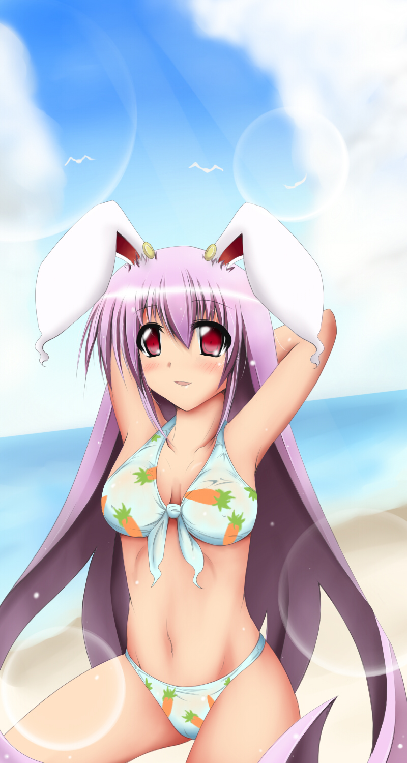 kuroa, reisen udongein inaba, touhou, bad id, bad pixiv id, highres, 1girl, animal ears, beach, bikini, breasts, cleavage, day, female focus, front-tie top, gradient background, large breasts, long hair, ocean, outdoors, purple hair, rabbit ears, sky, solo, swimsuit