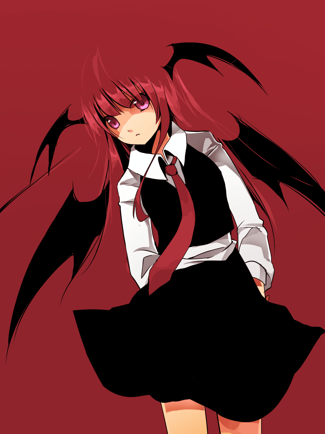 hijiri (resetter), hiz (pixiv), koakuma, embodiment of scarlet devil, touhou, bad id, bad pixiv id, highres, 1girl, dutch angle, female focus, head wings, long hair, looking at viewer, necktie, purple eyes, red background, red hair, red necktie, solo, wings