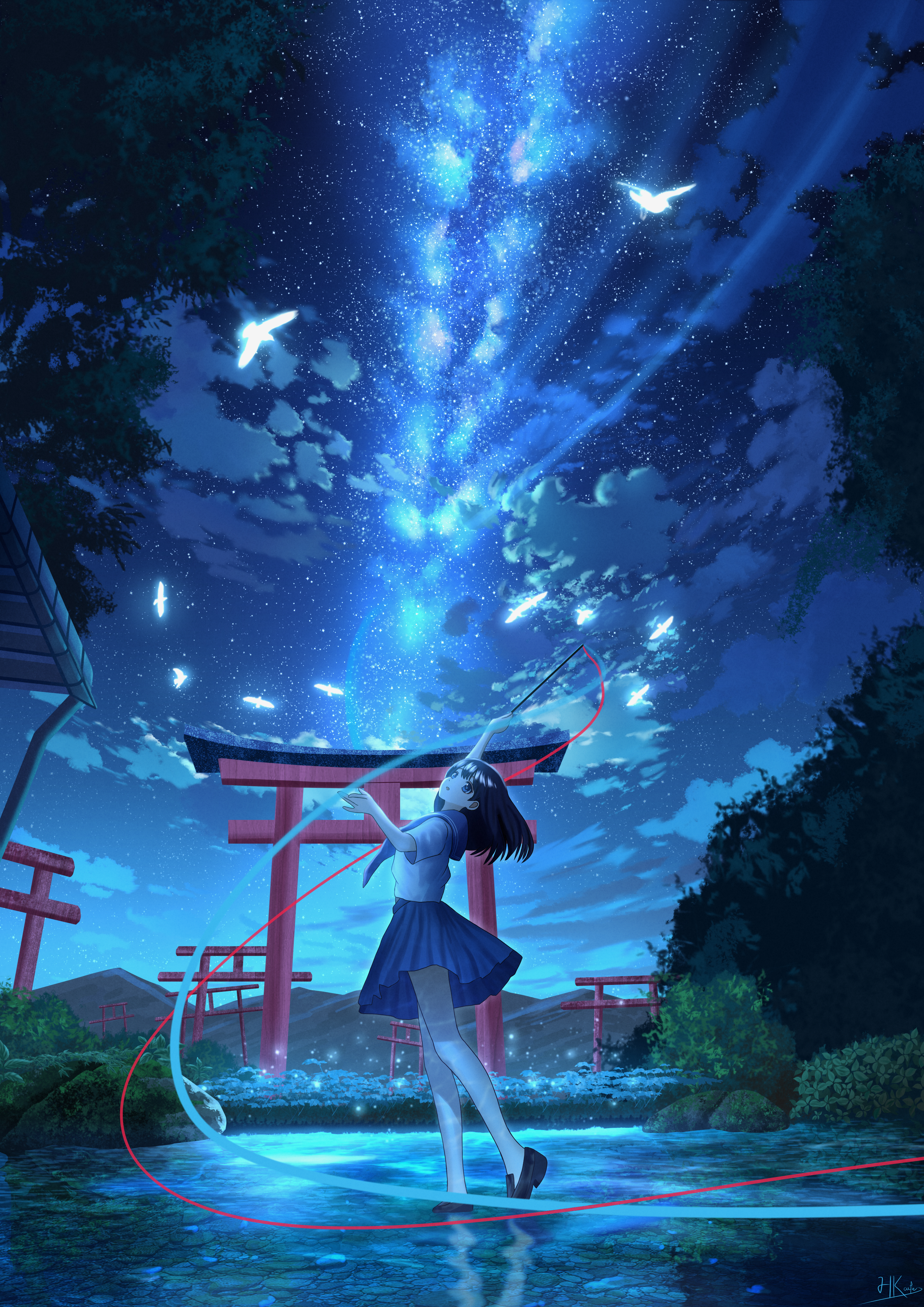 hkcutie, original, absurdres, commentary request, highres, 1girl, bird, black hair, blue eyes, blue sailor collar, blue skirt, blue sky, cloud, fantasy, long hair, milky way, mountainous horizon, night, night sky, open mouth, pleated skirt, rock, sailor collar, scenery, shirt, skirt, sky, solo, star (sky), starry sky, torii, tree, white bird, white shirt