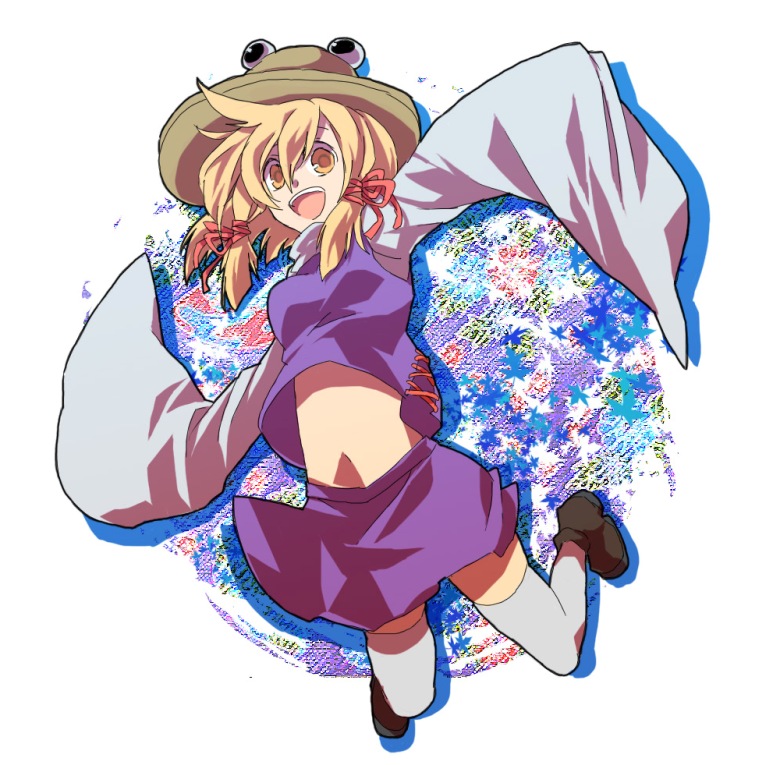 hac, hashiko (pecopom), moriya suwako, touhou, bad id, bad pixiv id, 1girl, :d, blonde hair, female focus, hat, midriff, open mouth, outstretched arms, ribbon, smile, socks, solo, spread arms, thighhighs, wide sleeves