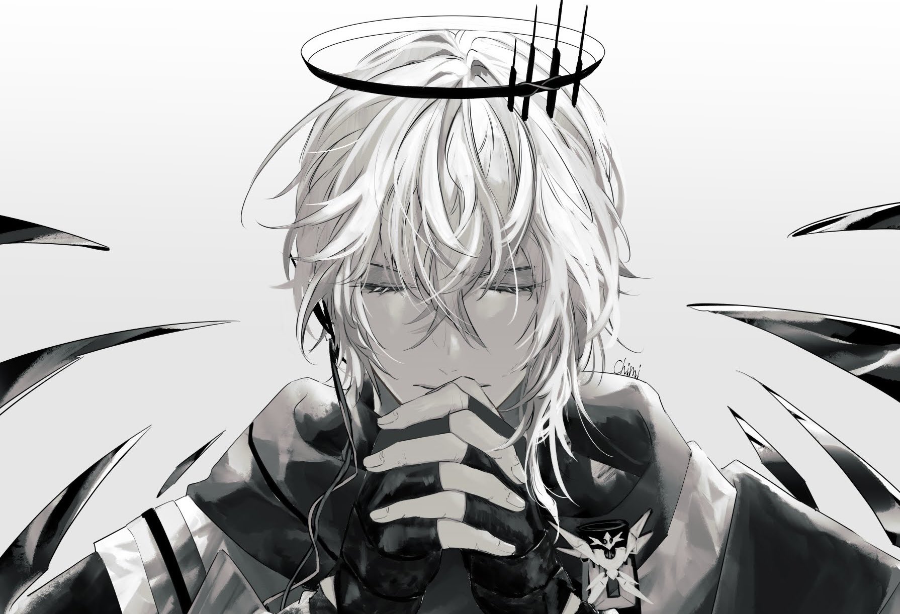 chimi (s8s8 bb), executor (arknights), arknights, commentary request, highres, 1boy, black gloves, closed eyes, closed mouth, eyelashes, fingerless gloves, fingernails, gloves, grey background, hair between eyes, halo, male focus, own hands clasped, own hands together, simple background, solo, upper body