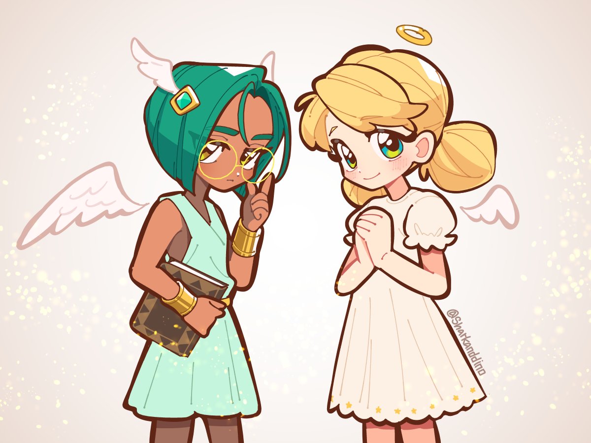 green leaf (rainbow bubblegem), yellow gold (rainbow bubblegem), rainbow bubblegem, commentary request, korean commentary, 2girls, angel, angel wings, blonde hair, blue eyes, blush, book, closed mouth, dark-skinned female, dark skin, diamond hair ornament, double bun, dress, glasses, green dress, green hair, hair bun, hair ornament, halo, holding, holding book, looking at viewer, multiple girls, own hands together, puffy short sleeves, puffy sleeves, round eyewear, sharkanddino, short hair, short sleeves, simple background, smile, standing, traditional halo, twitter username, white dress, wing hair ornament, wings, yellow-framed eyewear, yellow eyes