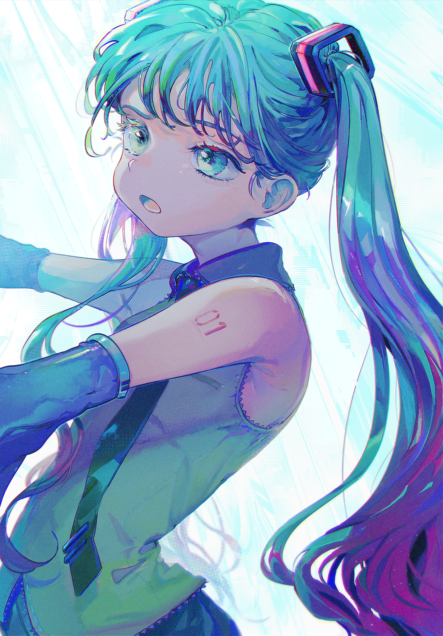 mawarusanso, hatsune miku, vocaloid, commentary request, highres, 1girl, blue eyes, detached sleeves, eyelashes, long hair, necktie, number tattoo, open mouth, pleated skirt, shirt, skirt, sleeveless, sleeveless shirt, solo, tattoo, twintails, upper body, very long hair