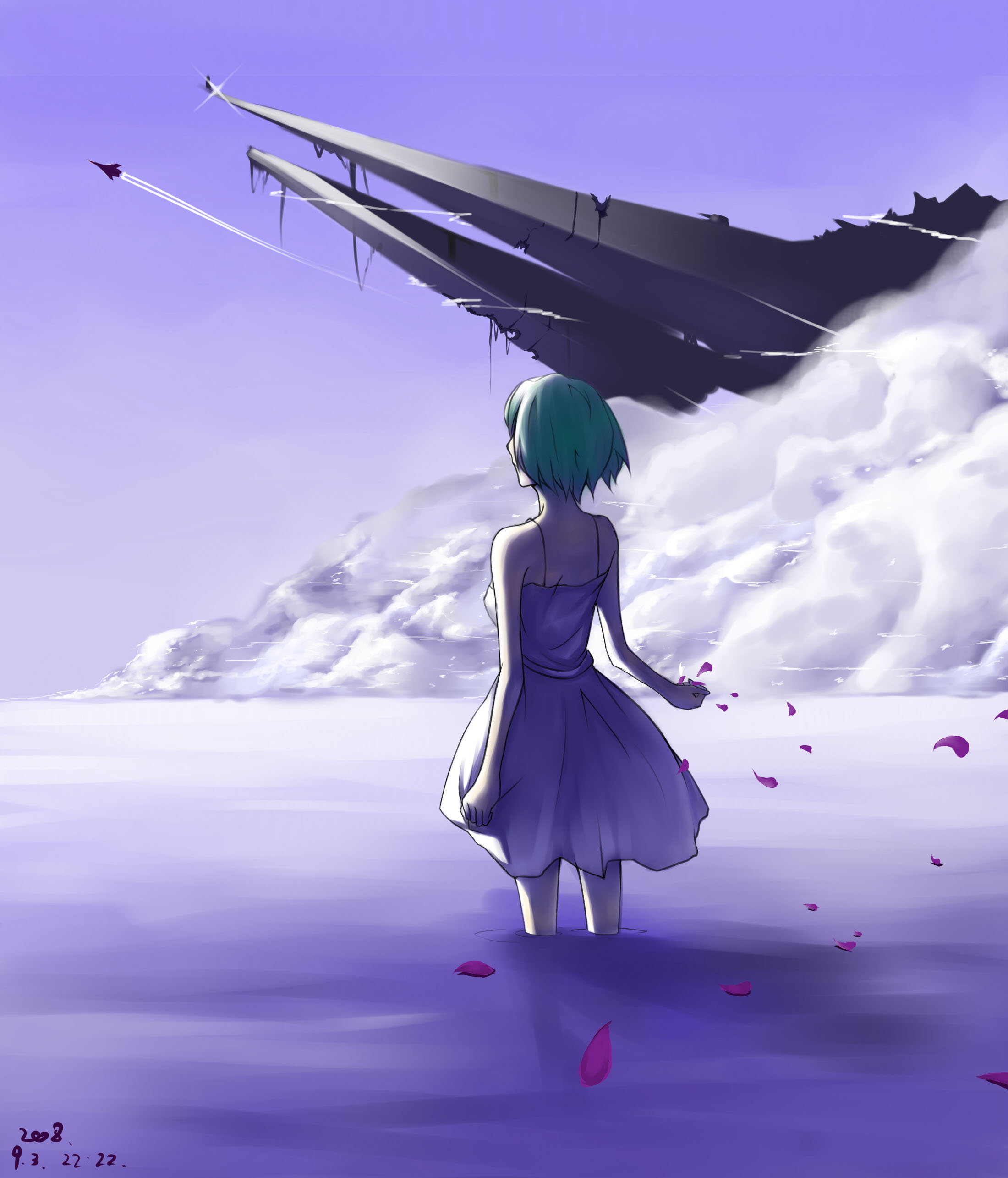 wolfour, macross quarter, ranka lee, vf-25, macross, macross frontier, absurdres, highres, 00s, aircraft, airplane, cloud, dress, green hair, mecha, petals, robot, short hair, sky, water