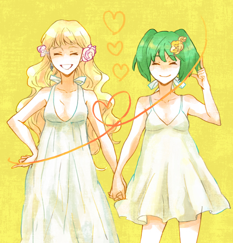 yoshi 92, ranka lee, sheryl nome, macross, macross frontier, 00s, blonde hair, dress, earrings, flower, green hair, heart, holding hands, jewelry, long hair, short hair, smile, twintails