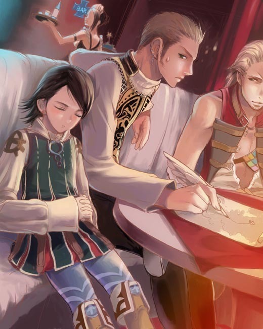 balflear, basch fon ronsenburg, larsa ferrinas solidor, final fantasy, final fantasy xii, 00s, 3boys, bar (place), blonde hair, brown hair, closed eyes, earrings, gloves, jewelry, male focus, map, multiple boys, pen, pteruges, sleeping, waitress