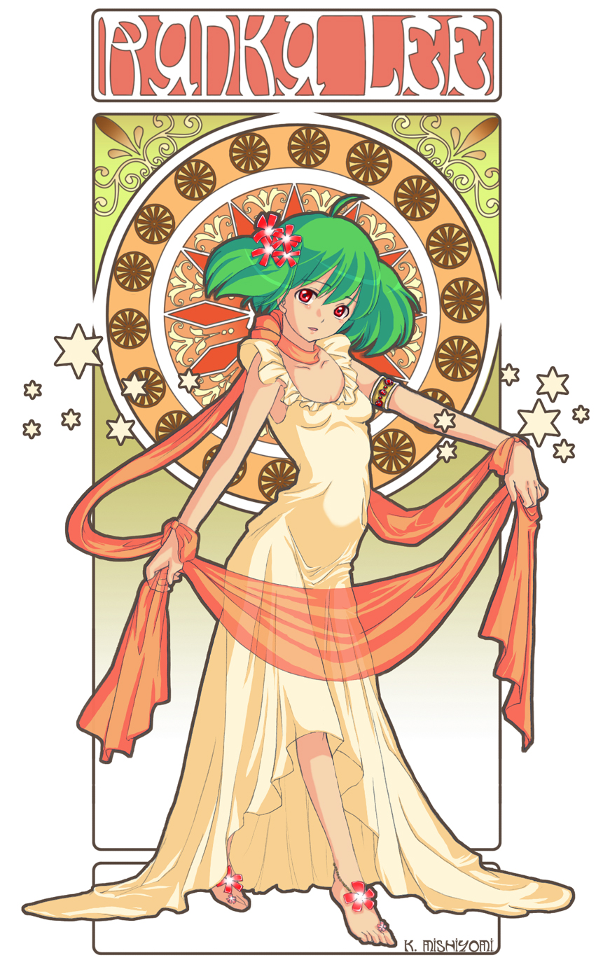 mishiyomi kazumi, ranka lee, macross, macross frontier, ornament, highres, 00s, ahoge, alternate costume, art nouveau, dress, flower, green hair, red eyes, scarf, short hair, solo, star (symbol), twintails