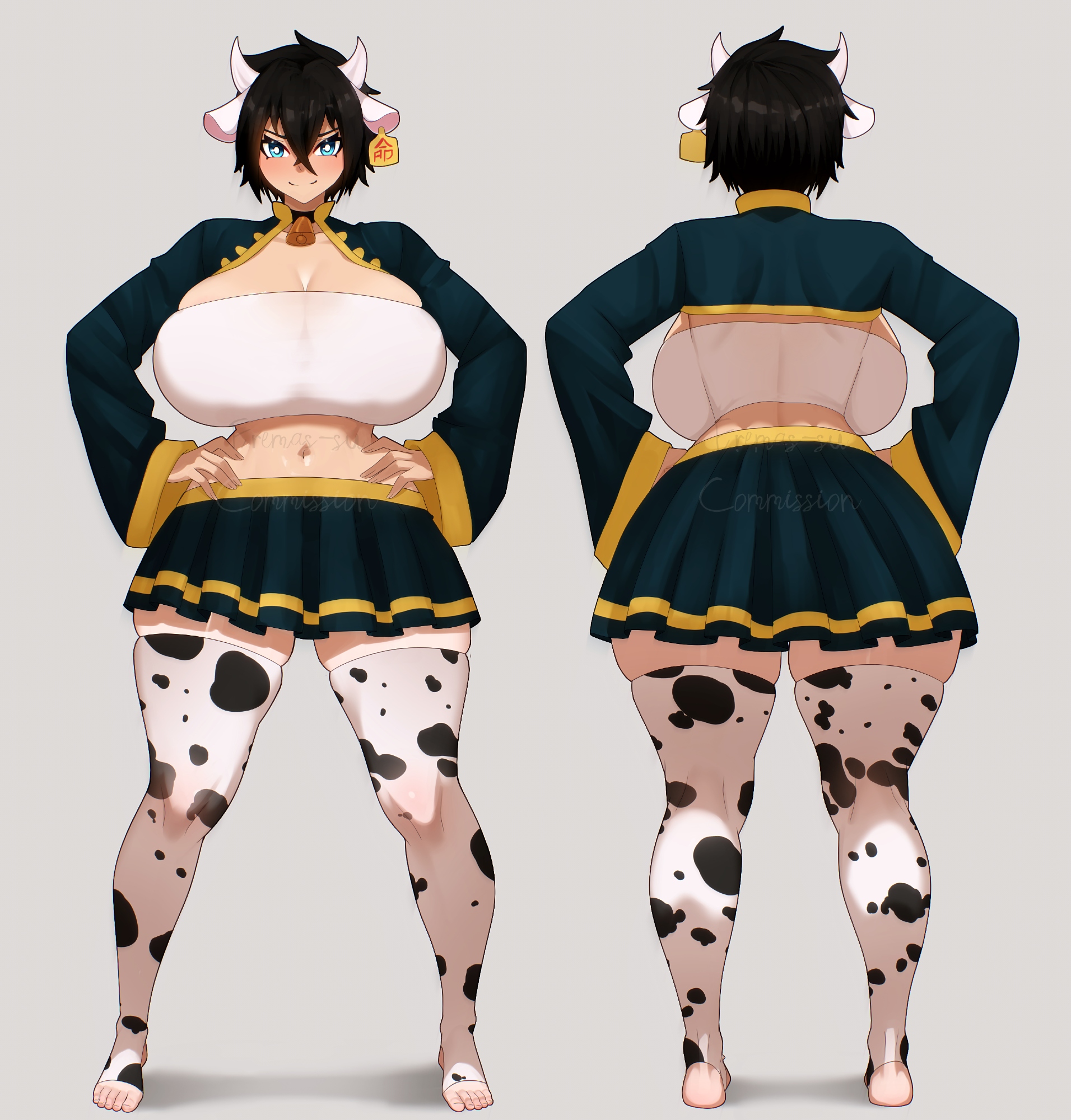 eremas-su, original, commission, highres, 1girl, animal ears, animal print, ass, backboob, bell, black hair, blue eyes, breasts, closed mouth, cow ears, cow horns, cow print, cow print thighhighs, cowbell, crop top, ear tag, eyebrows hidden by hair, from behind, full body, green skirt, grey background, hair between eyes, hands on own hips, horns, huge breasts, light blush, looking at viewer, midriff, multiple views, navel, neck bell, print thighhighs, short hair, shrug (clothing), simple background, skirt, smile, thighhighs, toes
