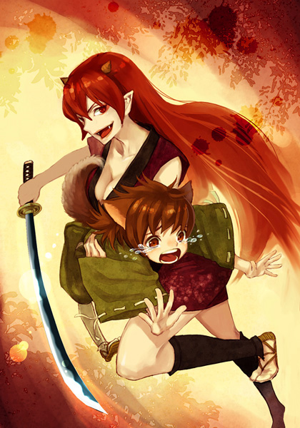 maca, lum, urusei yatsura, bad id, bad pixiv id, 2girls, animal ears, breasts, cleavage, fang, horns, japanese clothes, katana, large breasts, long hair, multiple girls, pointy ears, red eyes, red hair, smile, sword, tail, tears, weapon