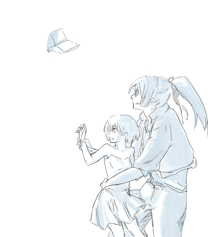 routo (route6), ranka lee, saotome alto, macross, macross frontier, 00s, 1boy, 1girl, blue theme, dress, long hair, monochrome, paper airplane, short hair