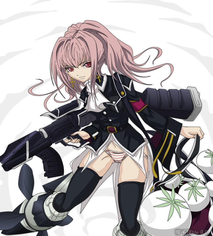 madhatter hello, anya alstreim, code geass, strike witches, world witches series, uniform, bad id, bad pixiv id, 1girl, cameltoe, earrings, female focus, gun, jewelry, lowleg, lowleg panties, nazi, panties, parody, pink eyes, pink hair, ponytail, red eyes, solo, striped clothes, striped panties, swastika, thighhighs, underwear, weapon