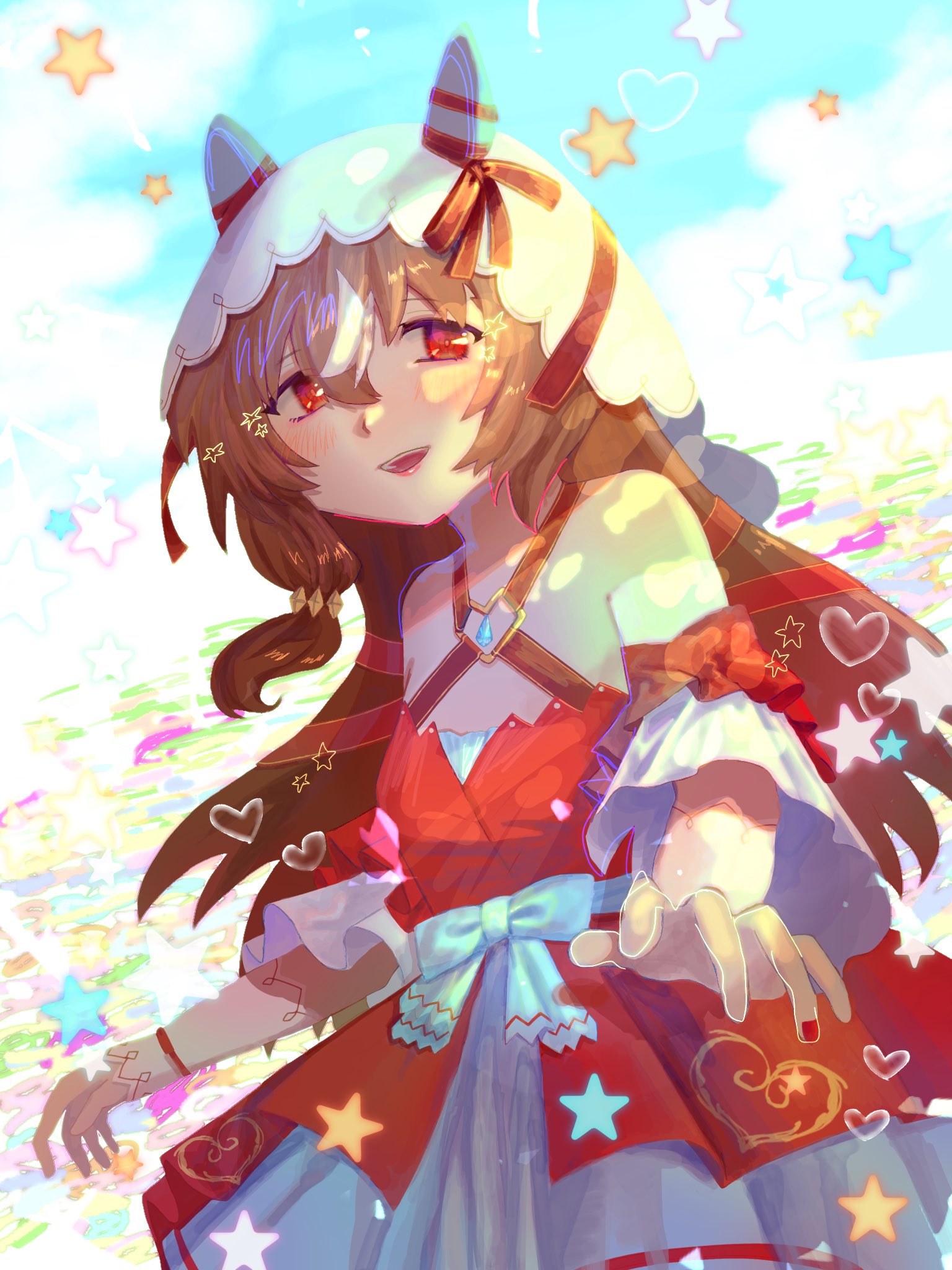 unomi known, still in love (scarlet vow raiment) (umamusume), still in love (umamusume), umamusume, highres, 1girl, animal ears, bare shoulders, blush, bow, breasts, brown hair, detached sleeves, dress, ear covers, ear ribbon, hair between eyes, hair ornament, heart, horse ears, horse girl, long hair, looking at viewer, multicolored hair, open mouth, red dress, red eyes, ribbon, small breasts, smile, solo, star (symbol), streaked hair, upper body, veil, white hair, white veil