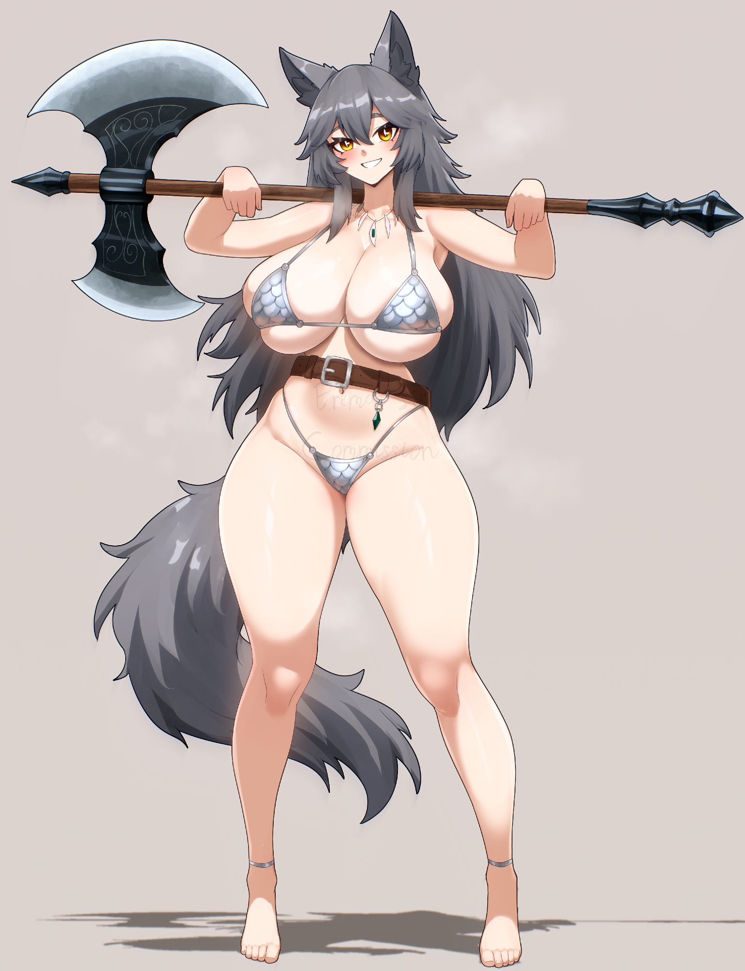 eremas-su, original, commission, highres, 1girl, animal ears, armor, armpits, axe, barefoot, battle axe, belt, bikini, bikini armor, blush, breasts, brown eyes, cleavage, eyebrows hidden by hair, full body, grey background, grey bikini, grey hair, groin, hair between eyes, large breasts, long hair, looking at viewer, navel, open mouth, shadow, simple background, smile, solo, stomach, swimsuit, tail, toes, weapon, wolf ears, wolf girl, wolf tail