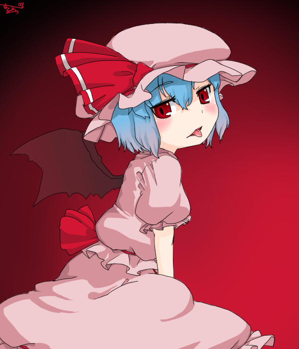 muku (muku-coffee), remilia scarlet, touhou, 1girl, bat wings, blue hair, female focus, red eyes, solo, tongue, wings