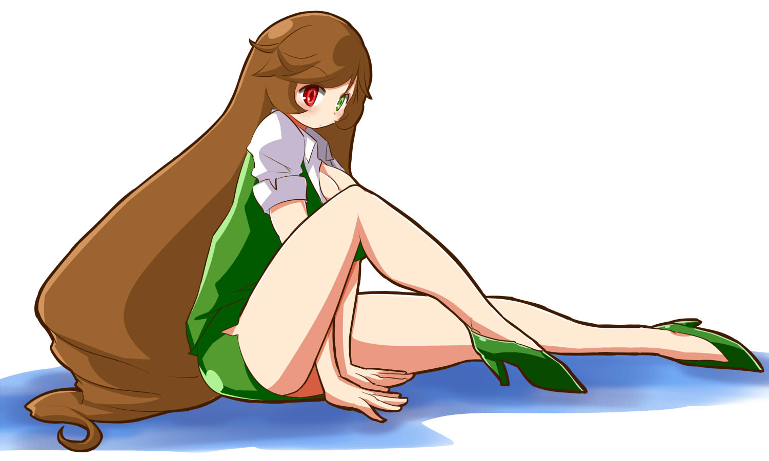 itini-sanshi, suiseiseki, rozen maiden, commentary request, 1girl, alternate breast size (larger), alternate costume, blush, breasts, brown hair, closed mouth, expressionless, full body, green eyes, green shoes, green skirt, green vest, heterochromia, high heels, large breasts, long hair, looking at viewer, office lady, red eyes, shirt, shoes, short sleeves, simple background, sitting, skirt, solo, very long hair, vest, white background, white shirt