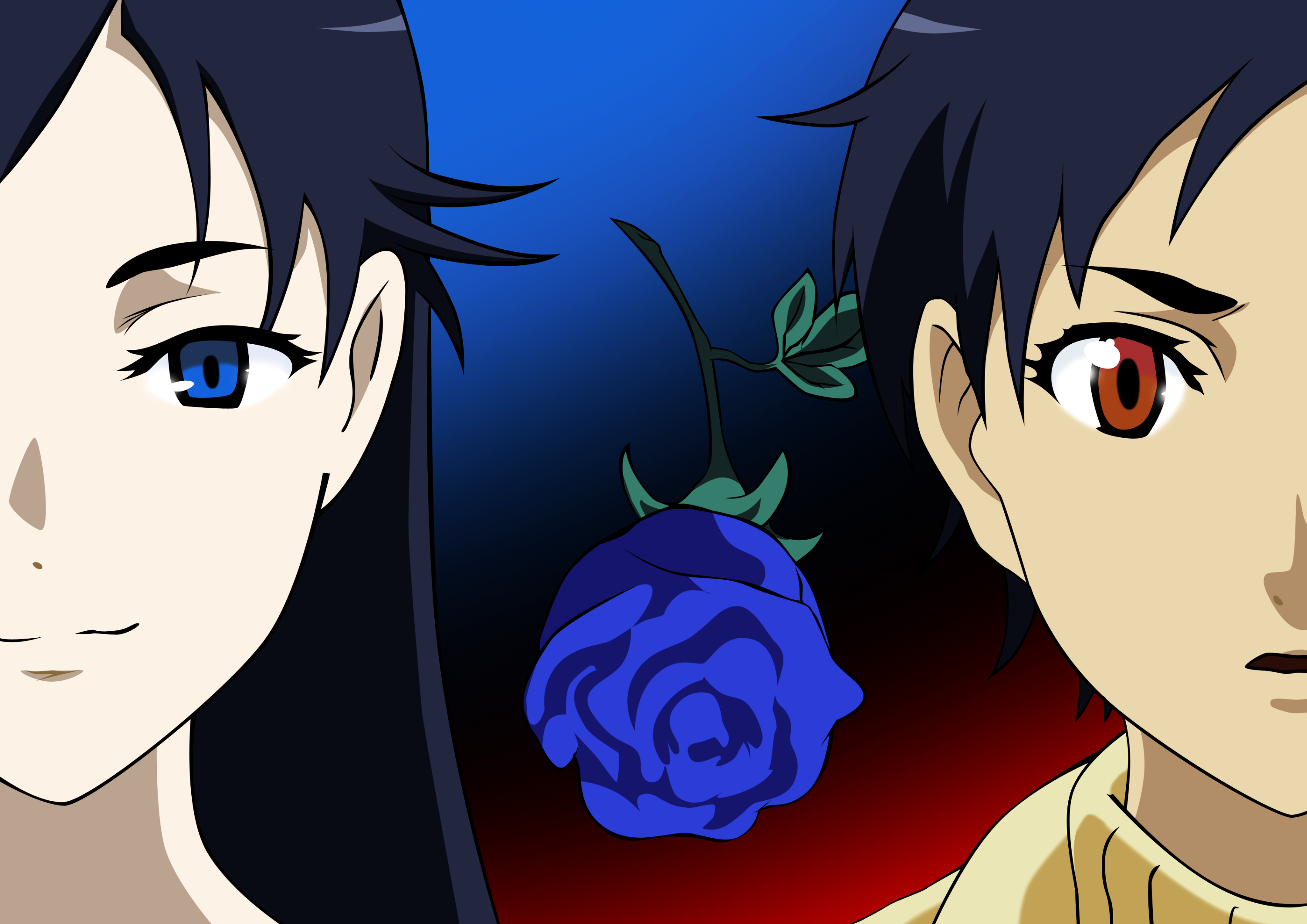 diva, diva (blood+), otonashi saya, blood+, derivative work, highres, vector trace, 00s, 2girls, black hair, blue eyes, blue flower, blue rose, brown eyes, flower, long hair, multiple girls, rose, short hair