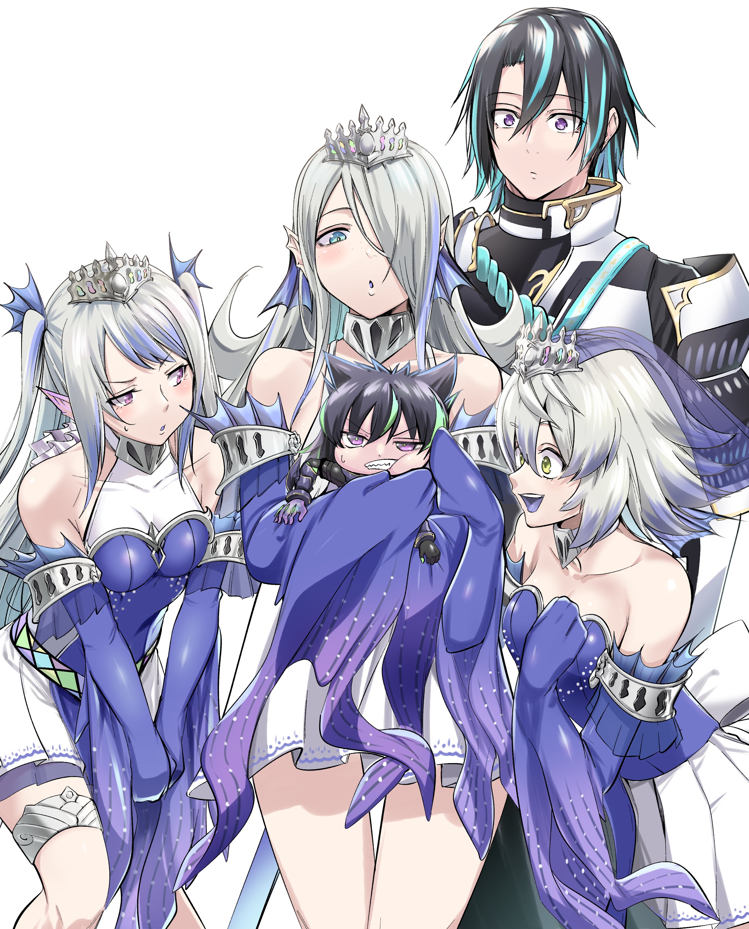 aoi takeru, tearlaments havnis, tearlaments merrli, tearlaments scheiren, visas starfrost, yu-gi-oh!, absurdres, commentary request, highres, 2boys, 3girls, aqua eyes, aqua hair, bare shoulders, black hair, collarbone, deformed, duel monster, fins, fish girl, green hair, grey hair, hair between eyes, hair over one eye, head fins, looking at another, multicolored hair, multiple boys, multiple girls, pointy ears, purple eyes, scareclaw light-heart, streaked hair, sweat, tiara, two-tone hair, yellow eyes