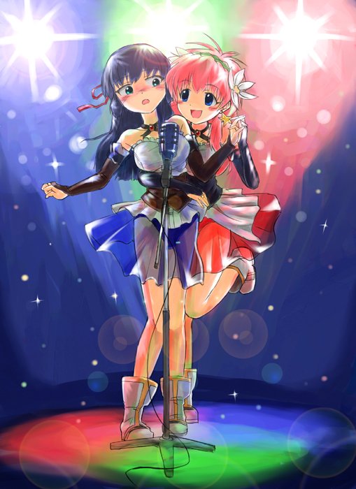 nyama, karasuma chitose, milfeulle sakuraba, galaxy angel, non-web source, 00s, 2girls, blue eyes, blue hair, blush, boots, hug, idol, long hair, microphone, microphone stand, multiple girls, pink hair
