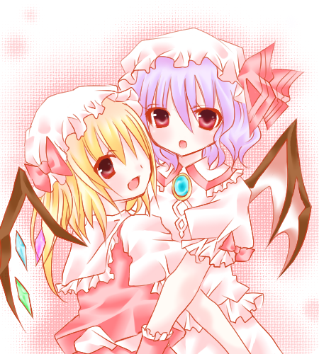 tayashigu (suisyounohosizora), flandre scarlet, remilia scarlet, touhou, bad id, bad pixiv id, lowres, 2girls, bat wings, blonde hair, blue hair, female focus, multiple girls, red eyes, siblings, sisters, wings