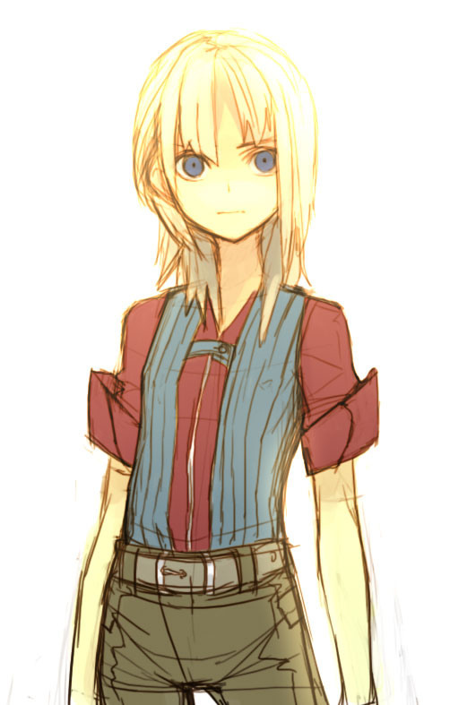hama (22ji kara 24ji), original, gender request, androgynous, blonde hair, blue eyes, hama (pixiv), short sleeves, sketch, solo