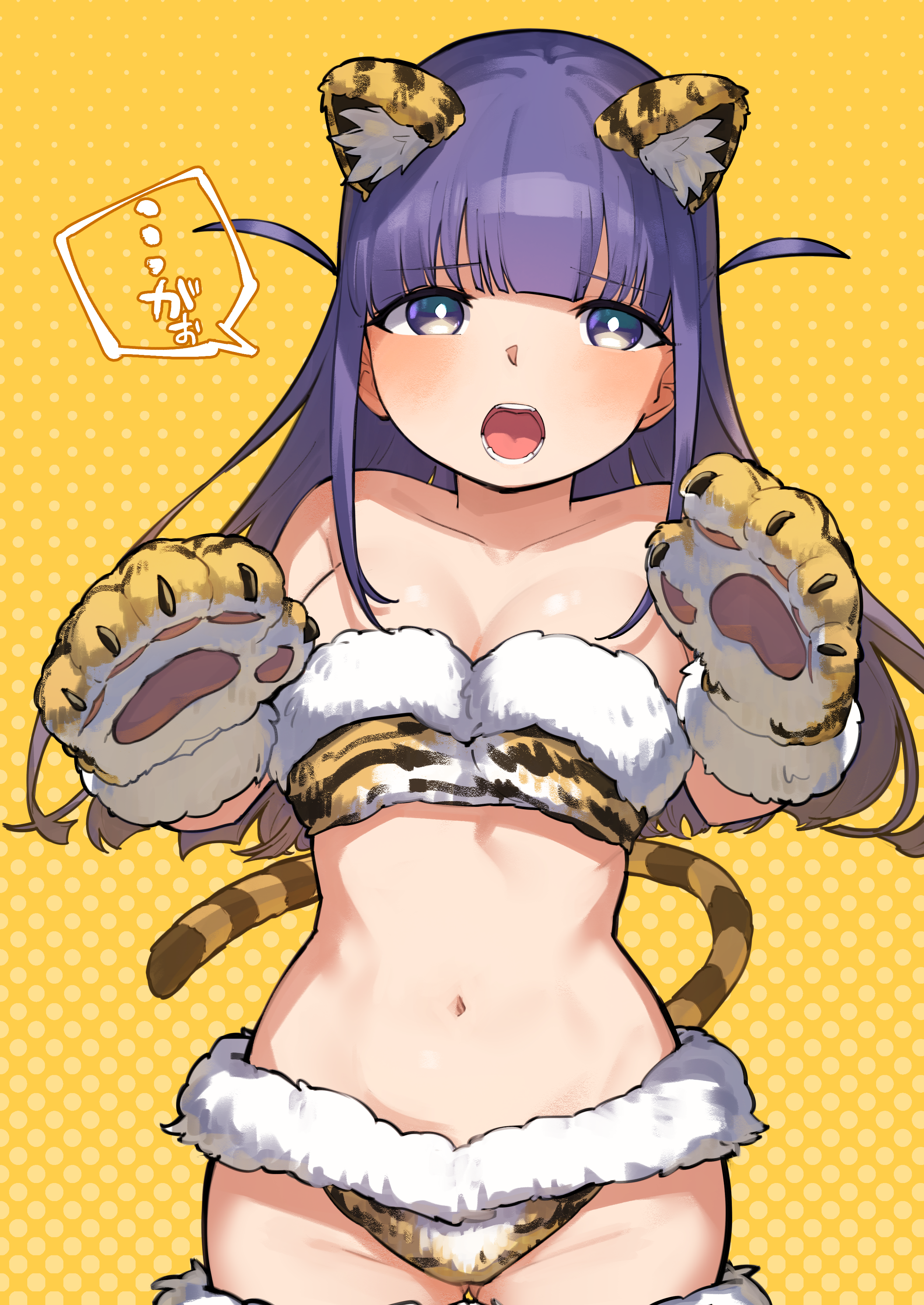 goe (g-o-e), tsuyuzaki mahiru, shoujo kageki revue starlight, absurdres, highres, translated, 1girl, animal ear fluff, animal ears, animal hands, animal print, bare shoulders, bikini, blunt bangs, blush, breasts, bright pupils, cleavage, collarbone, cowboy shot, fangs, fur-trimmed bikini, fur-trimmed gloves, fur-trimmed legwear, fur trim, gao, gloves, gluteal fold, groin, halftone, halftone background, hands up, kemonomimi mode, large breasts, long hair, looking at viewer, navel, open mouth, orange background, paw gloves, print bikini, purple eyes, purple hair, sidelocks, solo, speech bubble, standing, stomach, strapless, strapless bikini, swimsuit, tail, teeth, thighhighs, tiger ears, tiger girl, tiger paws, tiger print, tiger tail, two side up, white pupils