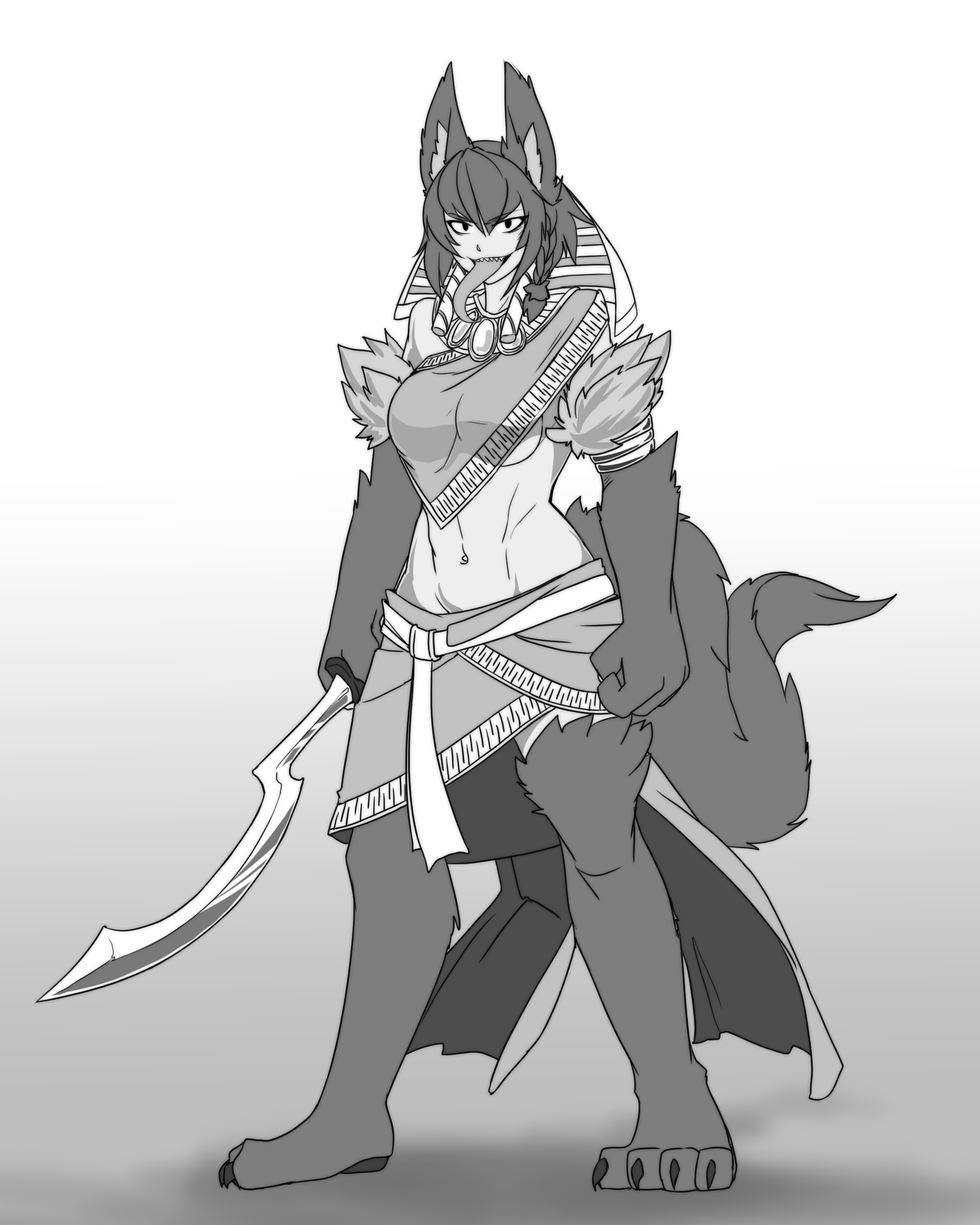 less, set (mythology), egyptian mythology, monster girl encyclopedia, original, absurdres, highres, abs, ancient egyptian, ancient egyptian clothes, animal ear fluff, animal ears, bobanon, braid, breasts, dark-skinned female, dark skin, full body, khopesh, long tongue, midriff, monster girl, navel, neck, pelvic curtain, set (less/bob), sharp teeth, sword, tail, tall female, teeth, tongue, underboob, vagabonds, weapon, wolf ears, wolf girl, wolf paws, wolf tail