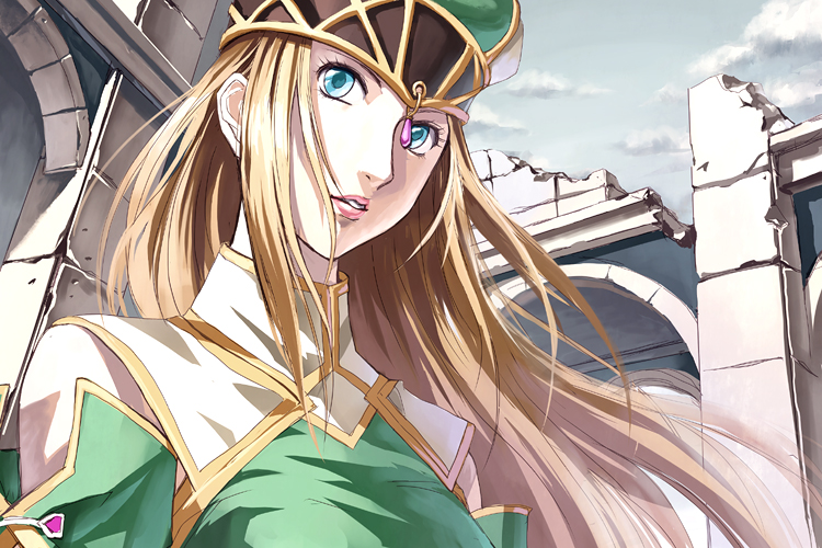 akito, freya (valkyrie profile), valkyrie profile (series), 1girl, blonde hair, blue eyes, building, close-up, cloud, day, female focus, hat, lipstick, long hair, makeup, outdoors, sky, solo, turtleneck