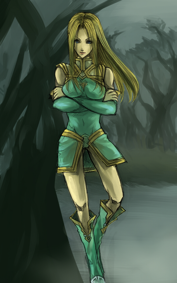 coko, freya (valkyrie profile), valkyrie profile (series), 1girl, against tree, blonde hair, blue eyes, boots, crossed arms, female focus, green boots, long hair, nature, solo, tree, turtleneck, wetland