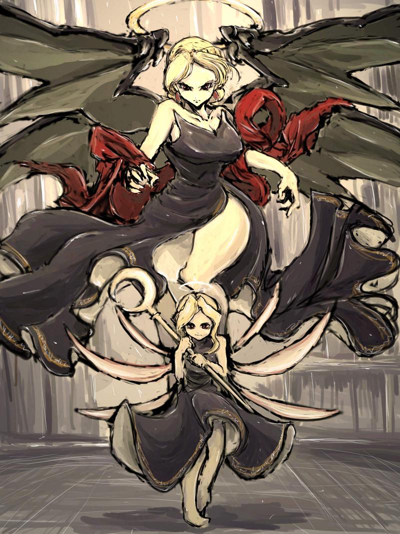 moto murabito, etheral queen, iseria queen, valkyrie profile (series), 1girl, barefoot, blonde hair, dress, dual persona, halo, red eyes, size difference, staff, thighs, weapon, wings
