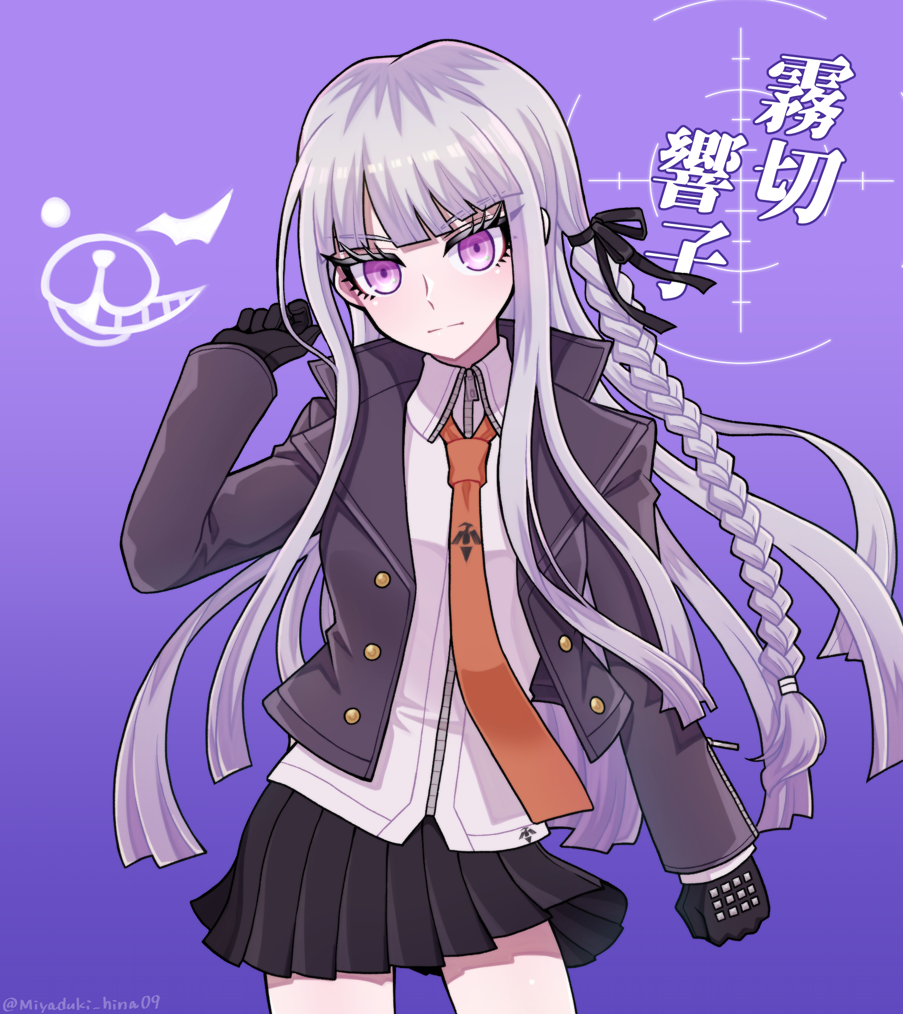 kirigiri kyoko, monokuma, danganronpa: trigger happy havoc, danganronpa (series), highres, 1girl, black gloves, black skirt, braid, closed mouth, eyelashes, gloves, jacket, long hair, long sleeves, looking at viewer, miyaduki hina09, necktie, open clothes, open jacket, pleated skirt, purple background, purple eyes, purple hair, red necktie, skirt, solo, zipper pull tab