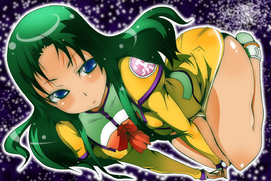 toudori, kayama akira, uchuu no stellvia, 00s, 1girl, blue eyes, female focus, green hair, kneeling, long hair, orange shirt, shirt, solo