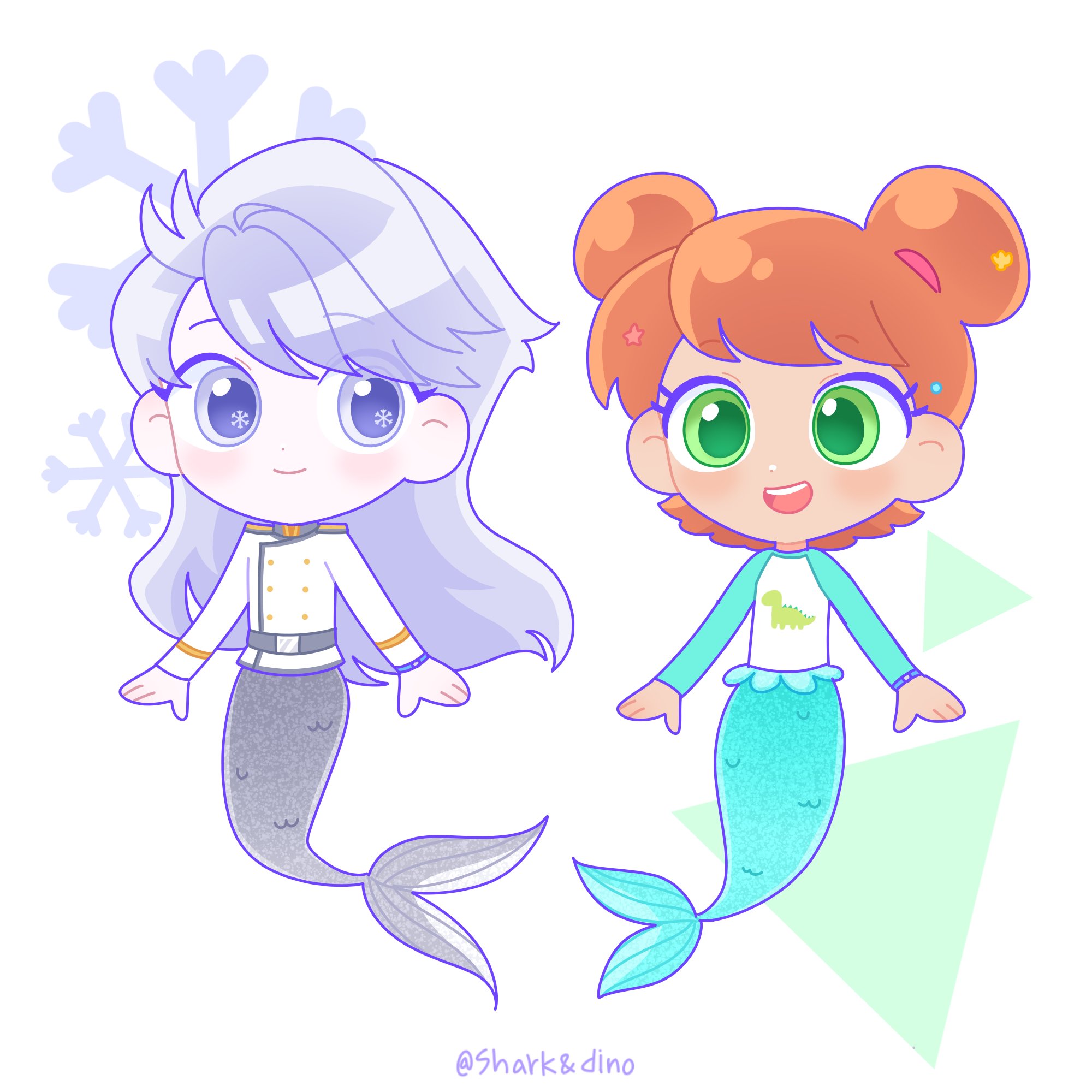 rainbow bubblegem, commentary request, highres, korean commentary, 2girls, brown hair, closed mouth, dinosaur print, double bun, full body, genderswap, genderswap (mtf), gray (rainbow bubblegem), green eyes, grey eyes, grey hair, hair bun, jacket, leo (rainbow bubblegem), long hair, long sleeves, looking at another, mermaid, monster girl, multiple girls, open mouth, raglan sleeves, sharkanddino, short hair, simple background, smile, snowflake in eye, snowflakes, symbol in eye, white background, white jacket