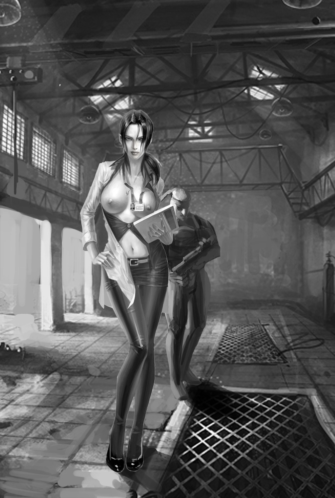 naomi hunter, old snake, solid snake, konami, metal gear (series), metal gear solid, metal gear solid 4: guns of the patriots, third-party edit, 1boy, 1girl, breasts, greyscale, large breasts, monochrome, name tag, open clothes, open shirt, shirt