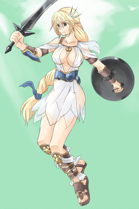 ment, sophitia alexandra, soul calibur, soulcalibur, soulcalibur iv, 1girl, armor, armored dress, blonde twist, braid, breasts, dress, elk shield, full body, gladiator sandals, goddess bracelet, goddess guards, goddess headdress, goddess robe, green background, long hair, omega sword, sandals, shield, single braid, sword, very long hair, weapon