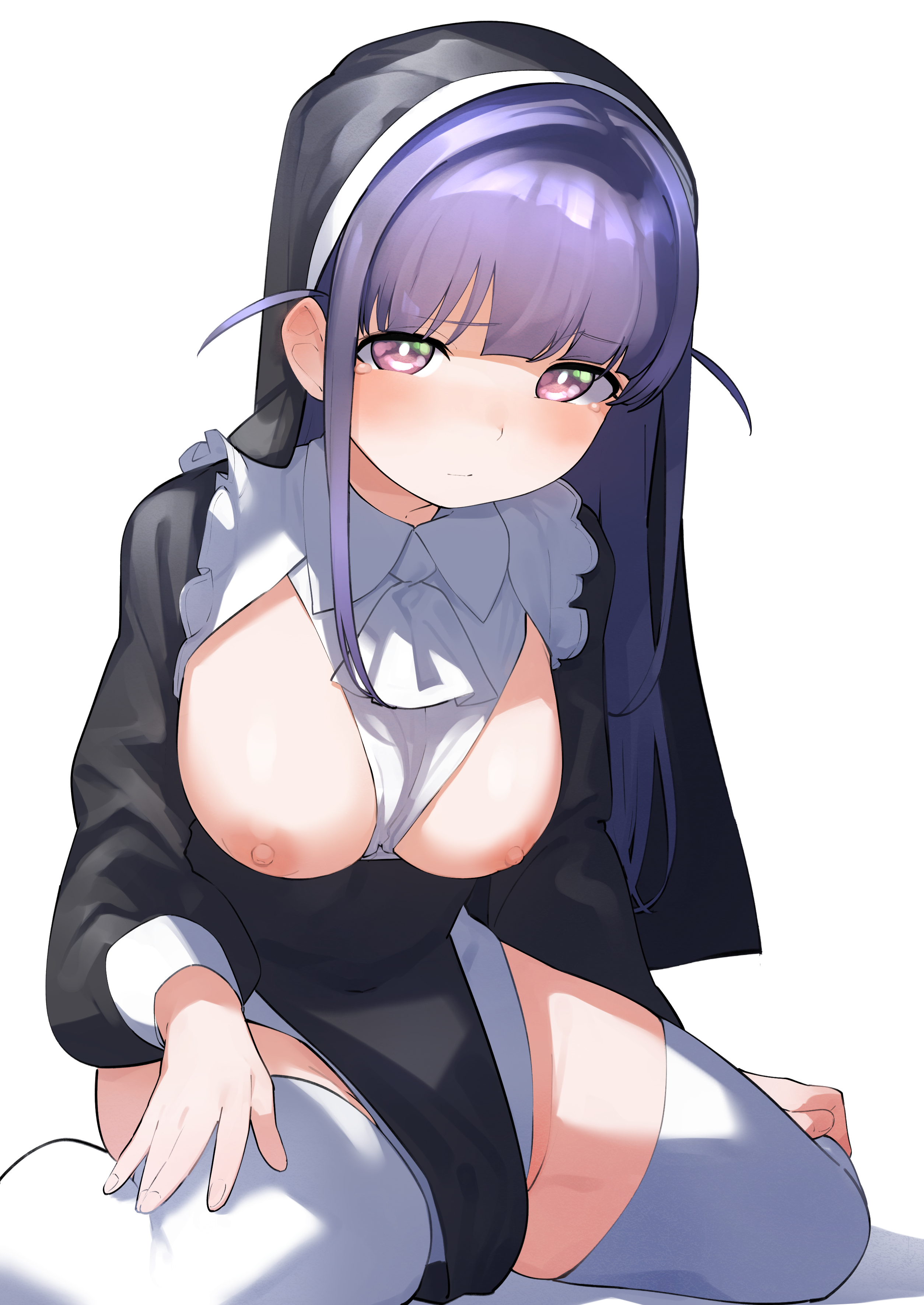 goe (g-o-e), tsuyuzaki mahiru, shoujo kageki revue starlight, absurdres, highres, 1girl, ascot, black dress, blunt bangs, blush, breasts, breasts out, bright pupils, closed mouth, collared dress, dress, frilled dress, frills, groin, hand on own leg, hand on own thigh, large breasts, long hair, long sleeves, looking at viewer, nipples, nose blush, nun, pelvic curtain, purple eyes, purple hair, shadow, sidelocks, simple background, sitting, solo, tearing up, thighhighs, two side up, veil, wariza, white ascot, white background, white pupils, white thighhighs