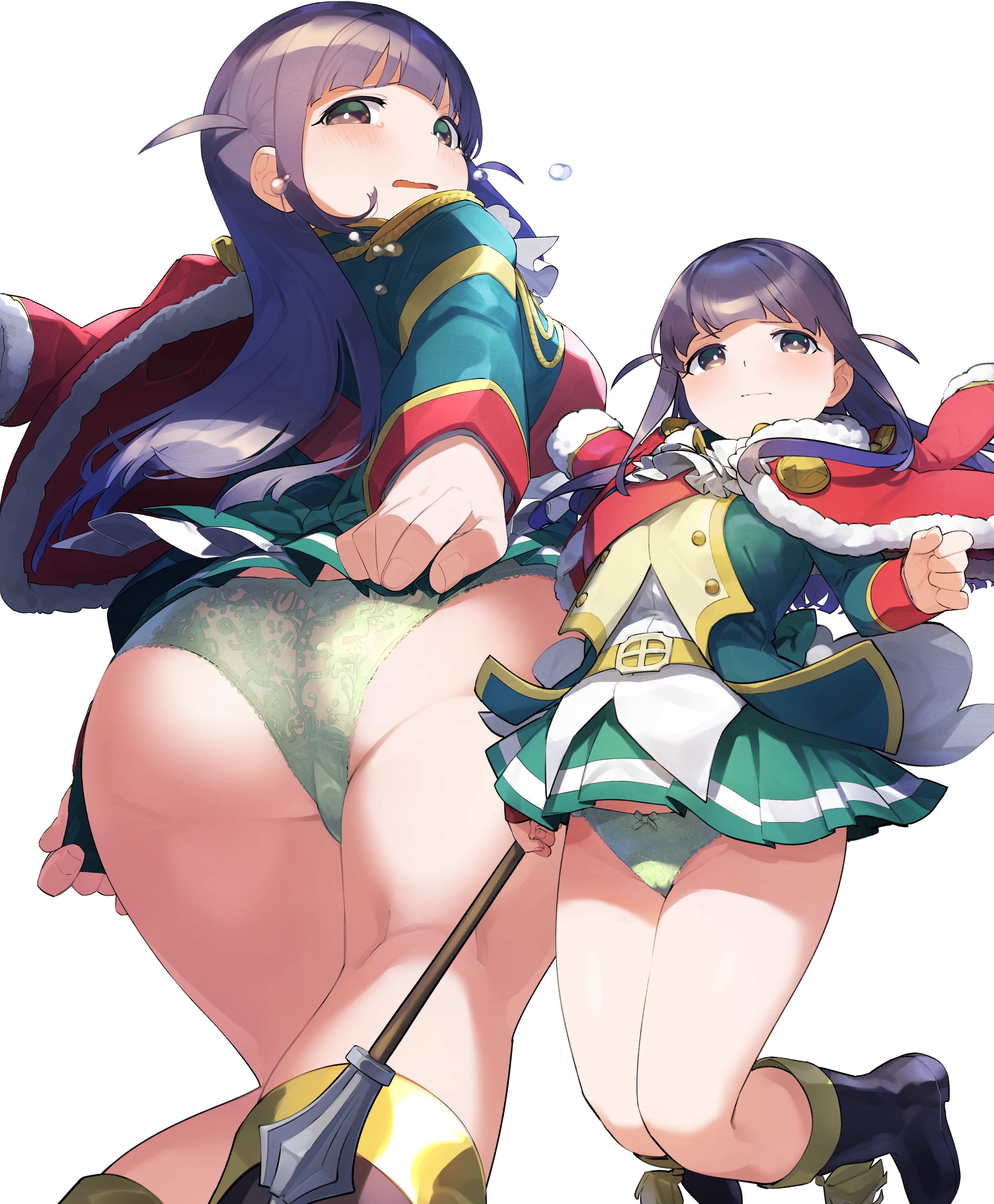 goe (g-o-e), tsuyuzaki mahiru, shoujo kageki revue starlight, absurdres, commission, highres, skeb commission, 1girl, ankle boots, arm at side, arm behind back, ascot, ass, belt, belt buckle, black boots, blunt bangs, blunt ends, blush, boots, bow, bow panties, bright pupils, buckle, buttons, cameltoe, closed mouth, clothes lift, crying, crying with eyes open, epaulettes, feet out of frame, floral print, flying teardrops, from behind, from below, fur-trimmed jacket, fur trim, green bow, green jacket, green panties, green skirt, groin, hand up, holding, holding weapon, jacket, jacket on shoulders, jumping, kneepits, legs up, long hair, long sleeves, looking at viewer, looking back, mace, miniskirt, multiple views, panties, parted lips, pleated skirt, print panties, purple eyes, purple hair, red jacket, red sash, sash, shirt, simple background, single stripe, skirt, skirt lift, skirt tug, standing, striped clothes, striped skirt, tassel, tears, two side up, underwear, upskirt, weapon, white ascot, white background, white pupils, white shirt, yellow belt
