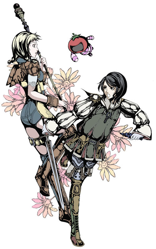 larsa ferrinas solidor, penelo, final fantasy, final fantasy xii, 00s, 1boy, 1girl, armor, boots, braid, collared socks, dual wielding, flower, gloves, greaves, holding, monster, pteruges, romper, rouge tomato, shorts, sleeve garter, sword, thigh boots, thigh strap, thighhighs, tomato, twin braids, weapon