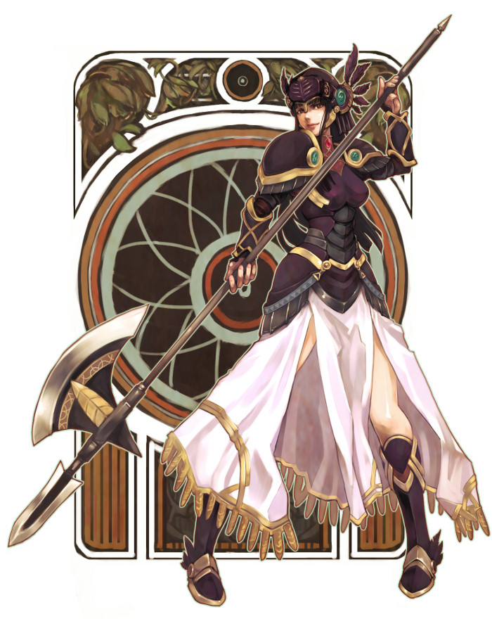 totteri, hrist valkyrie, valkyrie profile (series), 1girl, armor, armored dress, black hair, boots, brown eyes, dress, feathers, female focus, halberd, helmet, long hair, polearm, smile, solo, weapon