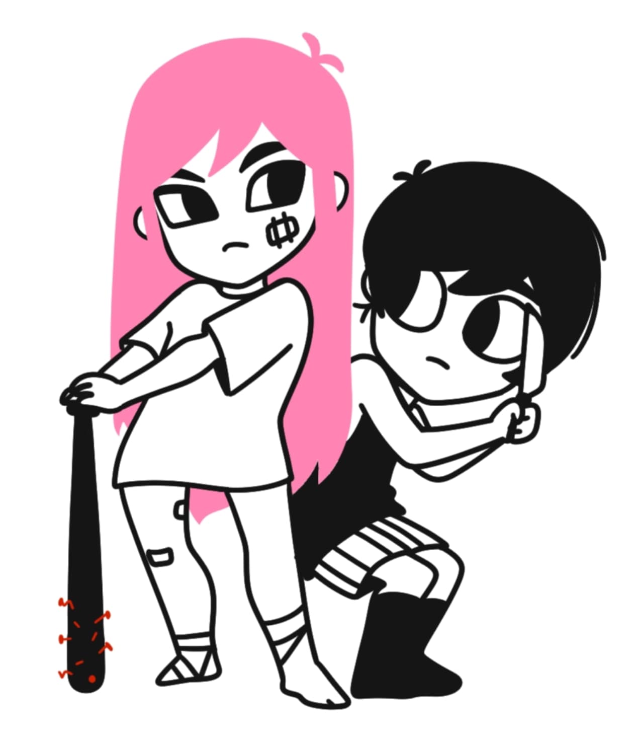 aubrey (faraway) (omori), aubrey (omori), omori, highres, 1boy, 1girl, black eyes, black hair, black socks, chibi, couple, full body, long hair, monochrome, omoriboy, pink hair, short hair, shorts, simple background, socks, white background, yzomiris