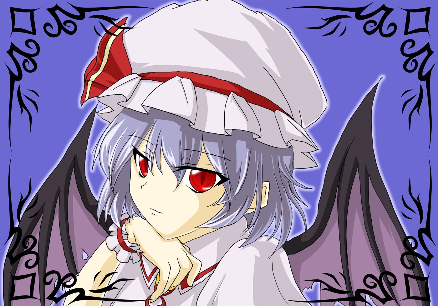 diodio, remilia scarlet, touhou, 1girl, bat wings, blue hair, female focus, hat, red eyes, solo, upper body, wings