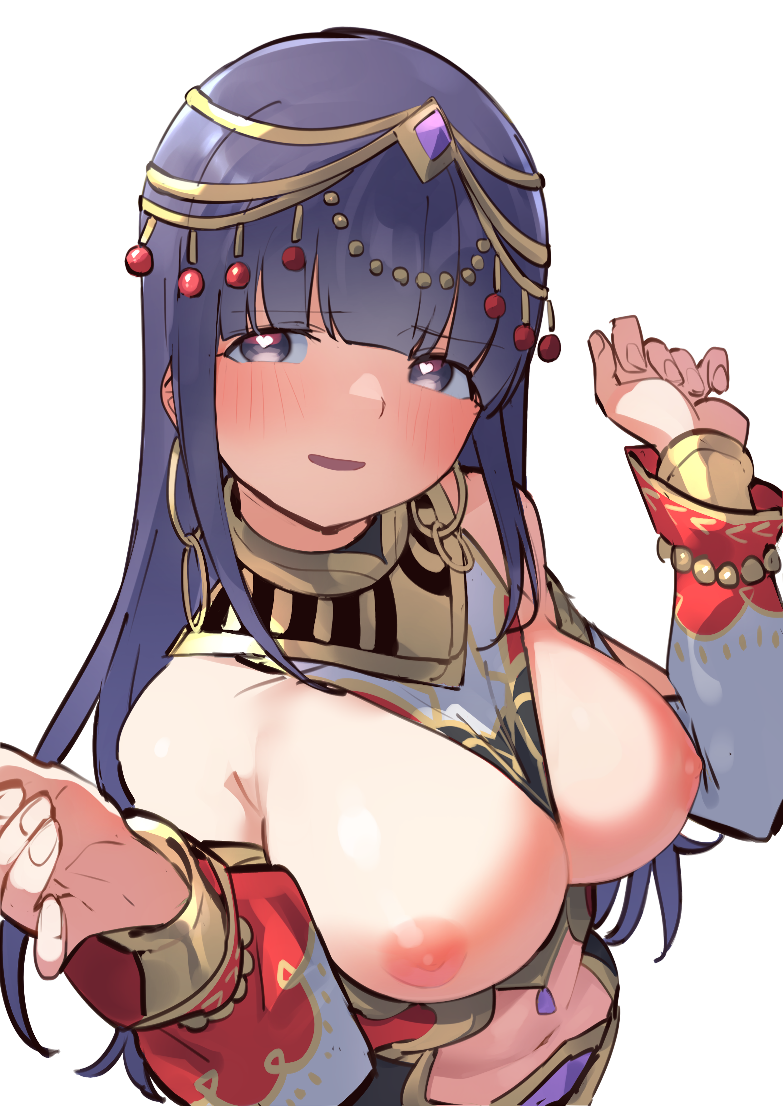 goe (g-o-e), tsuyuzaki mahiru, shoujo kageki revue starlight, shoujo kageki revue starlight -re live-, absurdres, highres, 1girl, arabian clothes, bare shoulders, black shirt, blunt bangs, blush, bracer, breasts, breasts out, circlet, clothes pull, detached sleeves, earrings, fingernails, from above, gem, gold trim, hands up, harem outfit, heart, heart-shaped pupils, hoop earrings, jewelry, large breasts, long hair, long sleeves, looking at viewer, looking up, midriff, navel, neck ring, nipples, official alternate costume, parted lips, puffy detached sleeves, puffy long sleeves, puffy sleeves, purple eyes, purple gemstone, purple hair, shirt, shirt pull, sidelocks, simple background, sleeveless, sleeveless shirt, smile, solo, standing, stomach, symbol-shaped pupils, two-tone shirt, upper body, very long hair, w arms, white background, white shirt, wide sleeves