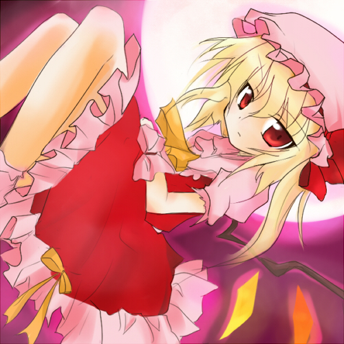 huna, flandre scarlet, touhou, bad id, bad pixiv id, lowres, 1girl, blonde hair, blouse, female focus, from side, hair between eyes, hat, mob cap, moon, red eyes, red moon, shirt, solo, white shirt, wings