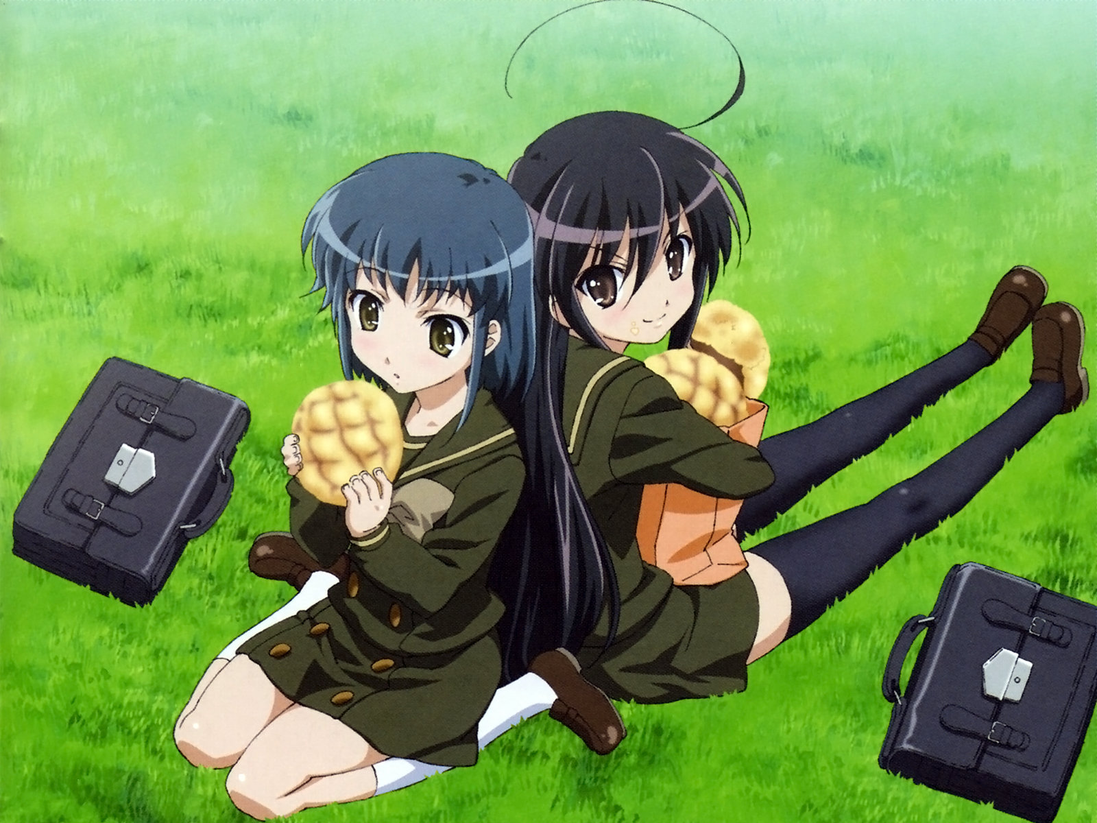 konoe fumina, shana, shakugan no shana, highres, non-web source, 00s, back-to-back, black hair, blue hair, bread, brown eyes, food, grass, green eyes, kneehighs, kneeling, long hair, melon bread, school uniform, serafuku, short hair, sitting, socks, thighhighs