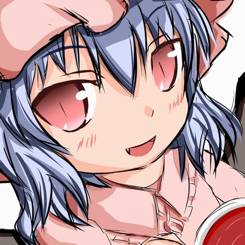 madhand, remilia scarlet, touhou, bad id, bad pixiv id, lowres, 1girl, bat wings, blue hair, blush, cup, female focus, hat, red eyes, solo, upper body, white background, wings
