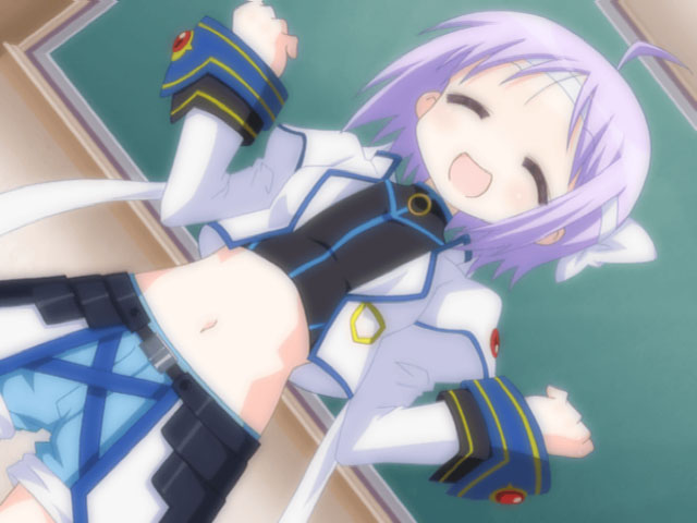 yoshimizu kagami, hiiragi tsukasa, subaru nakajima, lucky star, lucky star ~ryouou gakuen outousai~, lyrical nanoha, mahou shoujo lyrical nanoha, mahou shoujo lyrical nanoha strikers, ryouou gakuen outousai, screencap, game cg, non-web source, official art, 1girl, ahoge, armor, belt, classroom, clenched hand, clenched hands, closed eyes, cosplay, crop top, crossover, dutch angle, female focus, flat chest, forearms at chest, happy, headband, indoors, jacket, midriff, navel, outstretched arms, purple hair, school, short hair, shorts, solo, spread arms, subaru nakajima (cosplay)