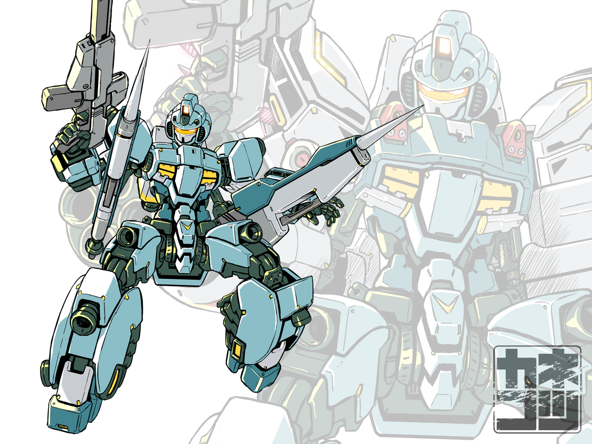 kaneko tsukasa, javelin (gundam), gundam, original, victory gundam, commentary request, derivative work, assault visor, beam rifle, energy gun, holding, holding weapon, machinery, mecha, mecha focus, mobile suit, no humans, redesign, robot, science fiction, shot lancer, signature, vernier thrusters, weapon, yellow visor